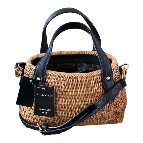 PULICATI Hand Crafted NWT Leather Trim Rattan Satchel Women's Bag - Picture 10 of 10